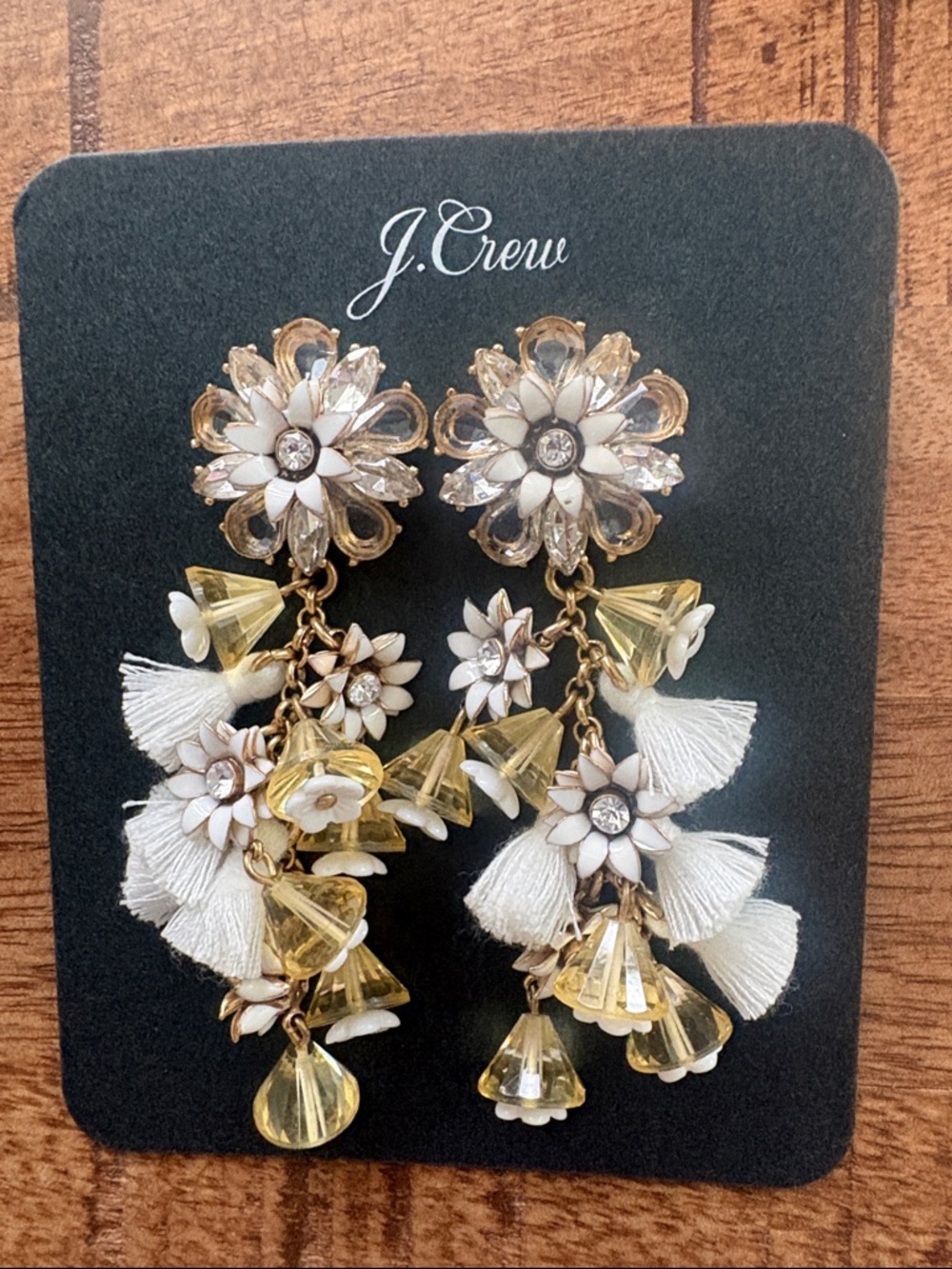 J. Crew White and Pale Yellow Floral Tassel Drop Earrings